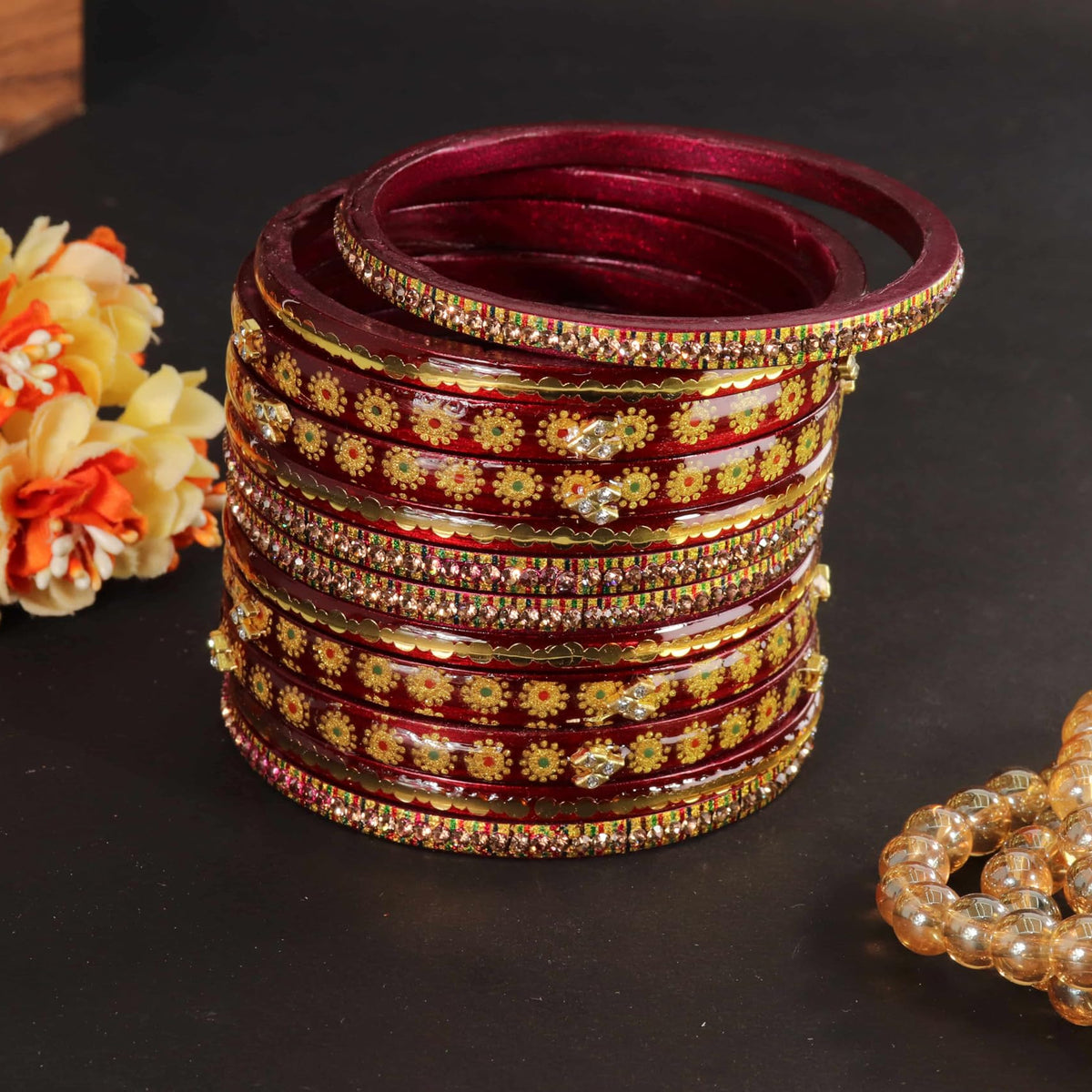 Maroon Designer Bridal Gold Floral & Stone Bangle Set - Pack Of 12