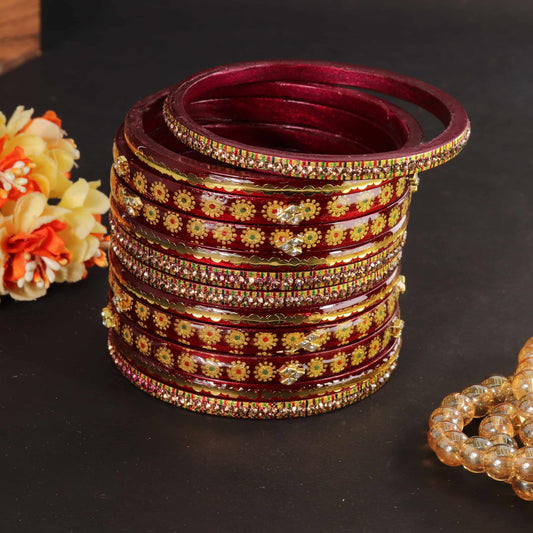 Maroon Designer Bridal Gold Floral & Stone Bangle Set - Pack Of 12