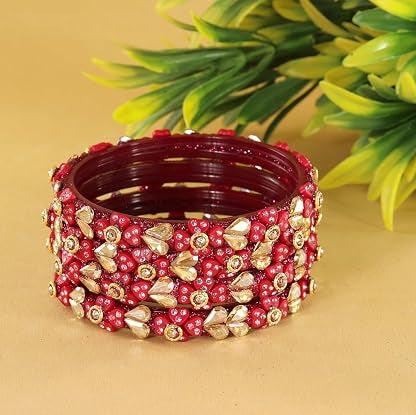 Glass Bangles Kada Set With Kundan & Zircon Stone Work - Pack of 4