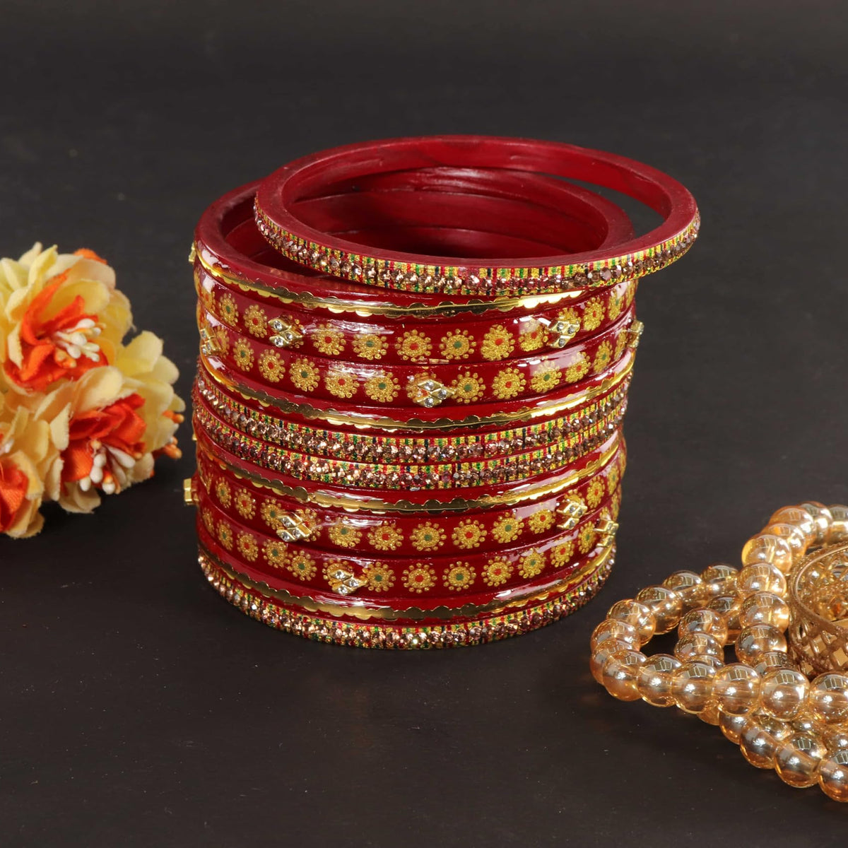Red Designer Bridal Gold Floral & Stone Bangle Set - Pack Of 12