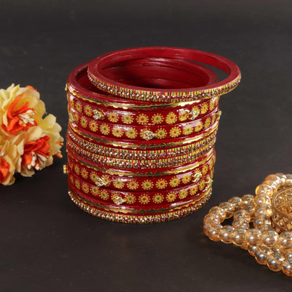 Red Designer Bridal Gold Floral & Stone Bangle Set - Pack Of 12
