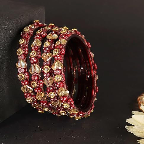 Glass Bangles Kada Set With Kundan & Zircon Stones Work- Pack of 4