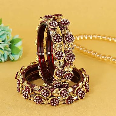Maroon Glass Bangle Kundan & Zircon Stone Bangle- Pack of 4