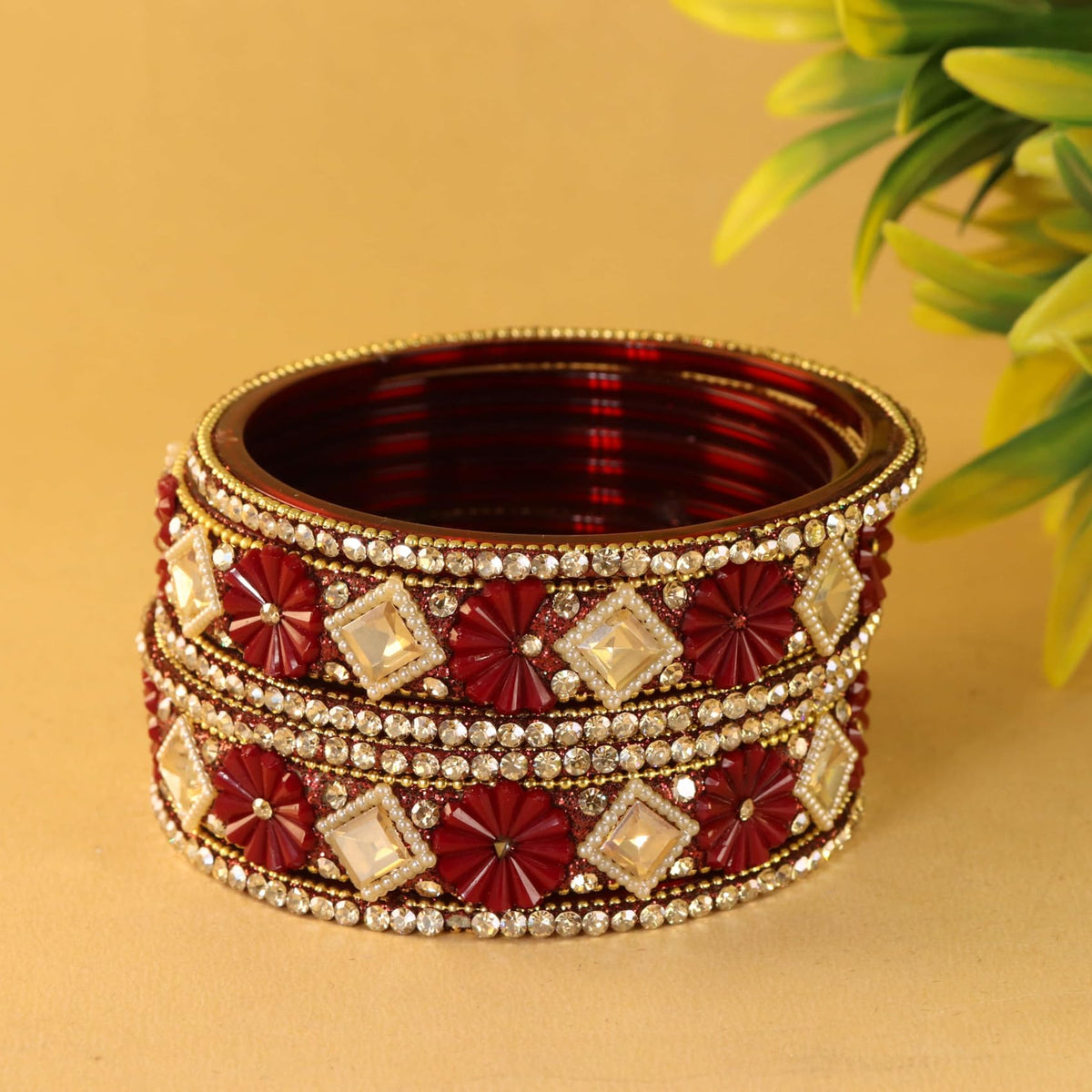 Maroon Premium Designer Kundan Stone Floral Kada- Set of 6