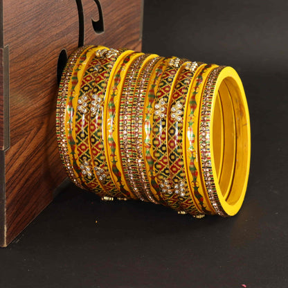Yellow Gold-Tone Embellished Traditional Bangles - Set of 12