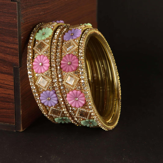 Multi Premium Designer Kundan Stone Floral Kada- Set of 6