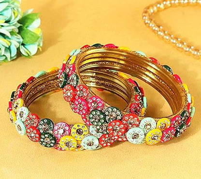Glass Bangles Kada with Golden Zircon Stone & Multicolour Beads - Pack of 2