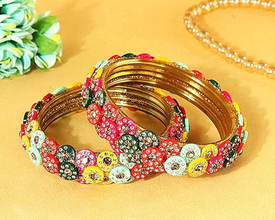 Multicolour Glass Kada Bangles for Women & Girls | Floral Stone Work Designer Bangles | Set of 2