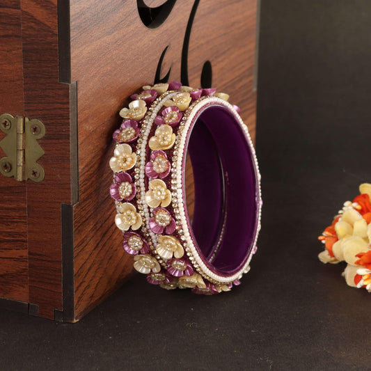 Wine Premium Floral Pearl Studded Kada Set - Set of 2
