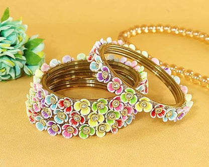 Glass Multi Flower Design Bangles with Golden Zircon Diamond Set- Pack of 4
