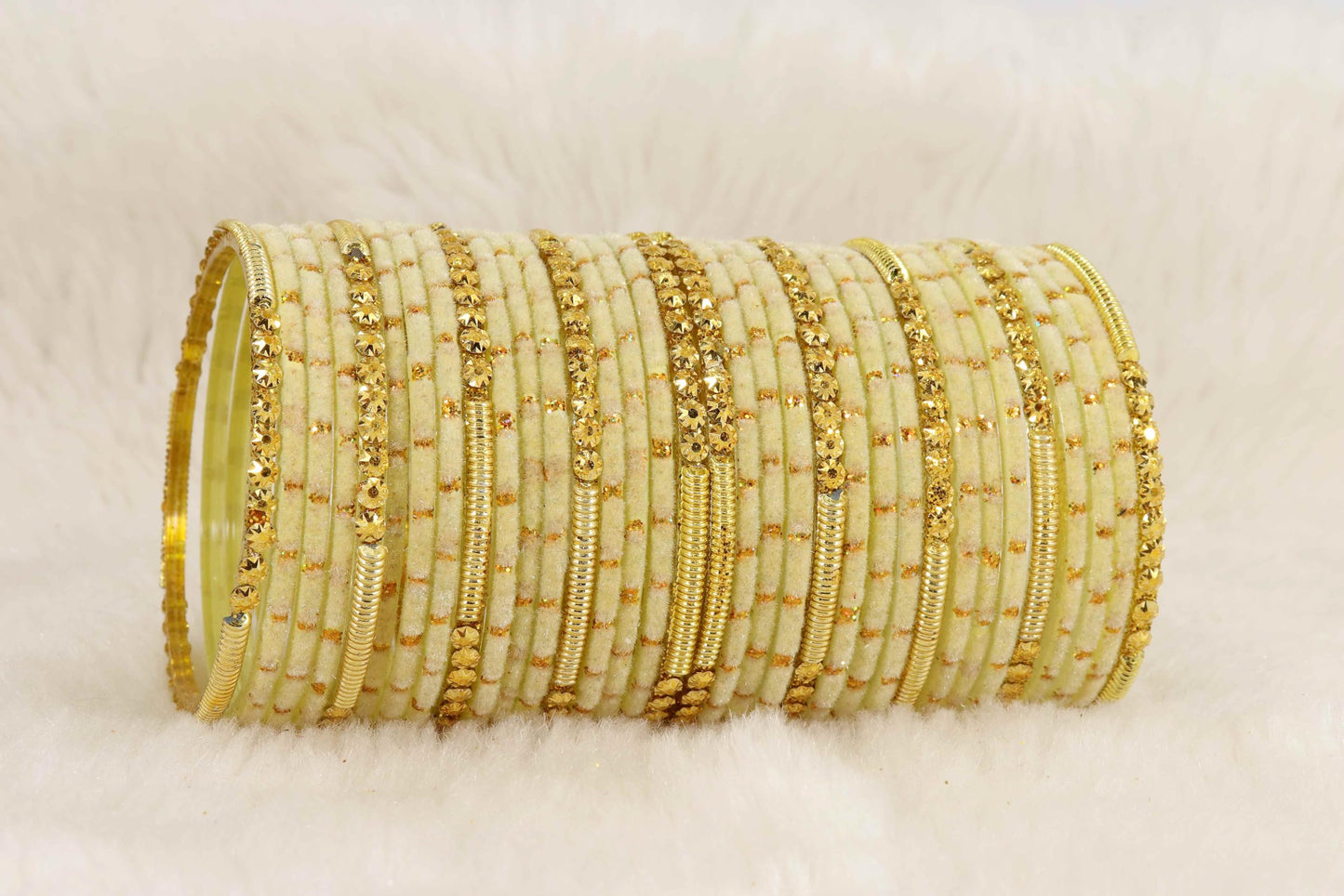 Fancy cream Velvet Glass Bangles with Golden Beads & Polka Dots (Set of 34)