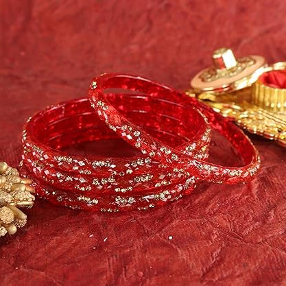 Gemstone Glass Bangles Crystal Kada Ethnic-Set Of 4
