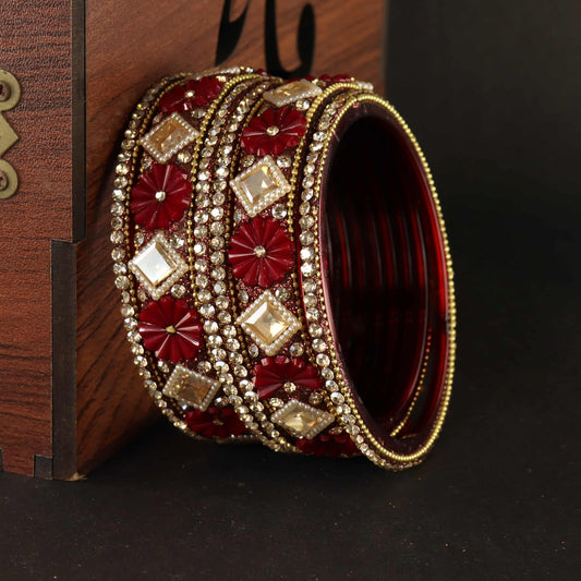 Maroon Premium Designer Kundan Stone Floral Kada- Set of 6