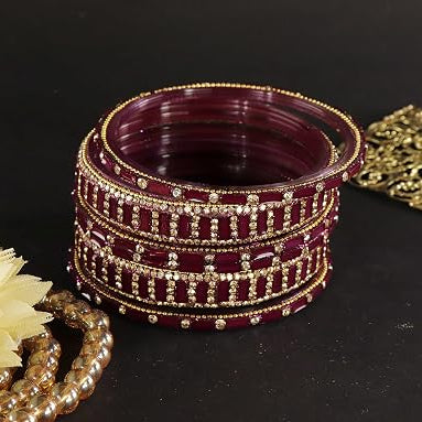 Glass Bangles Kada Set  With Zircon Stone Work - Pack of 6