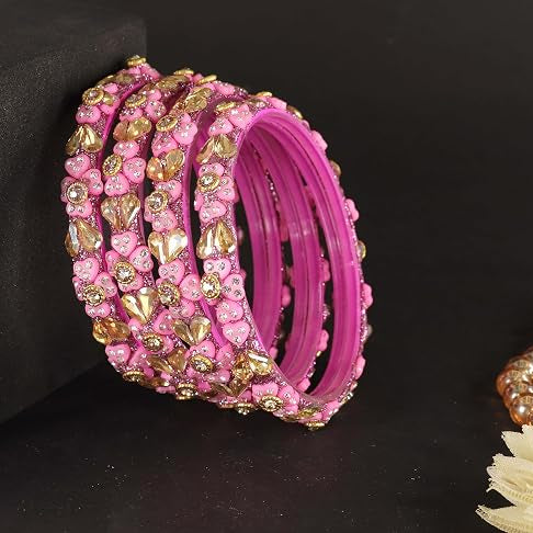 Glass Bangles Kada Set With Kundan & Zircon Stones Work - Pack of 4