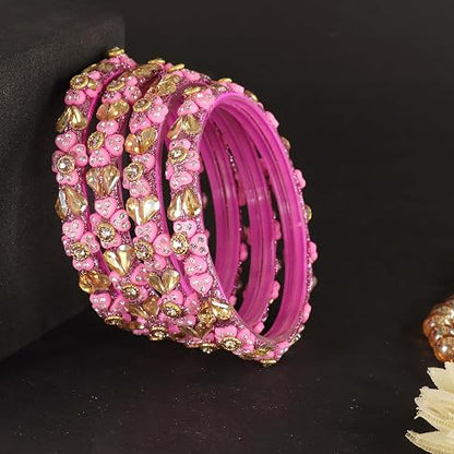 Glass Bangles Kada Set With Kundan & Zircon Stones Work - Pack of 4
