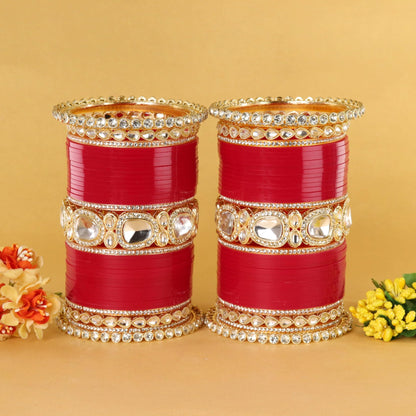 Bridal Red Metal Gold Chuda Set | Traditional Wedding Bangles for Women | Set of 70