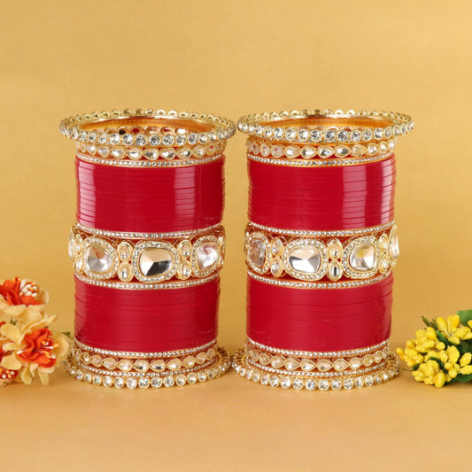 Bridal Red Metal Gold Chuda Set | Traditional Wedding Bangles for Women | Set of 70