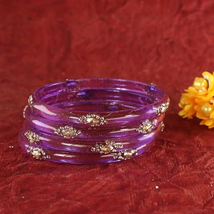 Glass Bangles Set With Crystal-Zircon Stone & Floral Work- Pack of  4