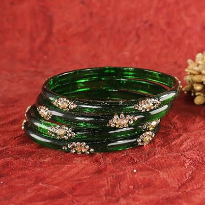 Glass Bangles set With Golden Crystal-Zircon Stone & Floral Work- Pack of 4