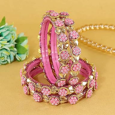 Pink Glass Bangles Set With Zircon Stone And Kundan Work- Set of 4