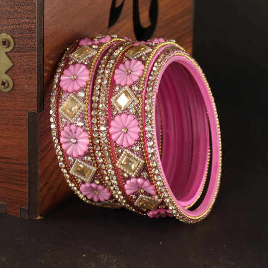 Pink Premium Designer Kundan Stone Floral Kada- Set of 6