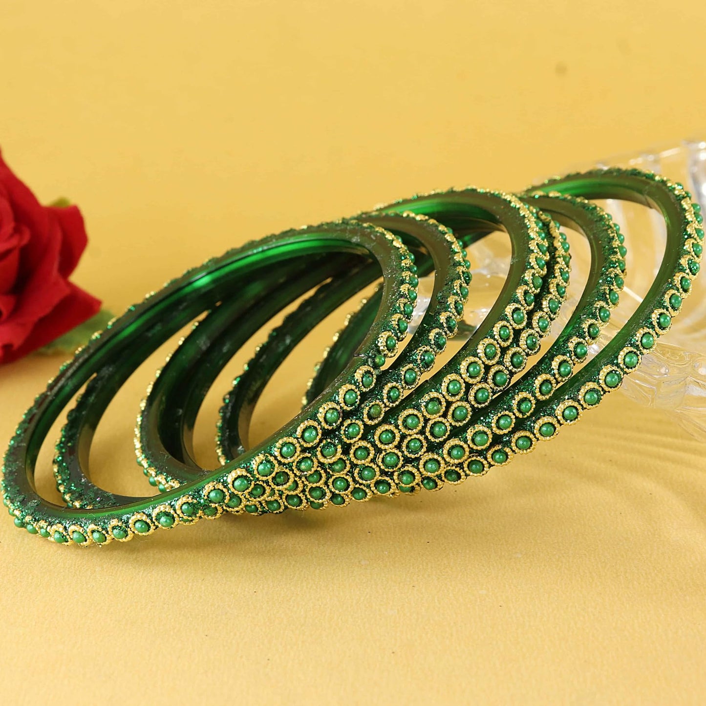 Traditional Glass Bangles Set with Green Moti Work - Pack of 12
