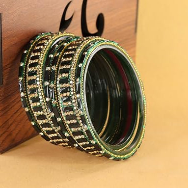 Glass Bangles Kada Set  With Zircon Stone Work - Pack of 6