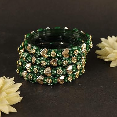 Glass Bangles Kada Set With Kundan & Zircon Stone Work - Pack of 4