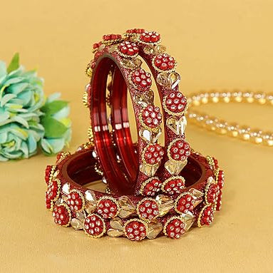 Red Glass Bangles Set With Zircon Stone And Kundan Work- Pack of 4
