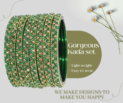 Green Glass Bangles Set For Girls and Women Studded Zircon Gemstone and Beads I women bangles I (Pack of 8)