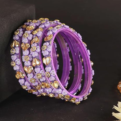 Glass Bangles Kada Set With Kundan & Zircon stones Work- Pack of 4