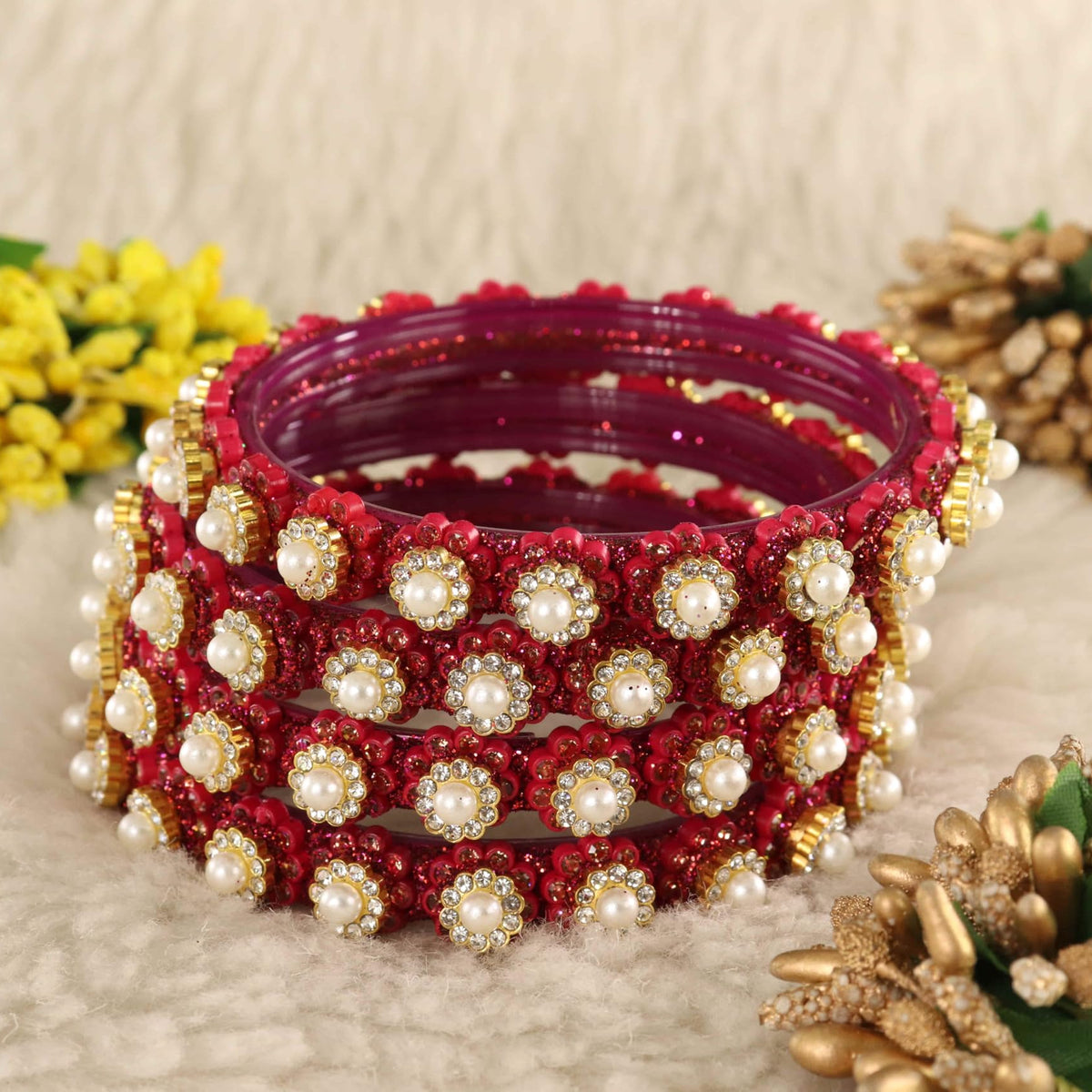 Strawberry Gold-Tone Kundan & Pearl Stone Work - Set of 4