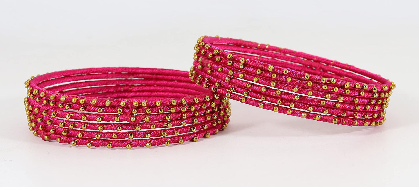 Magenta Silk Thread Ball Stone Linked Glossy Bangle Set for Women & Girls | Pack of 12