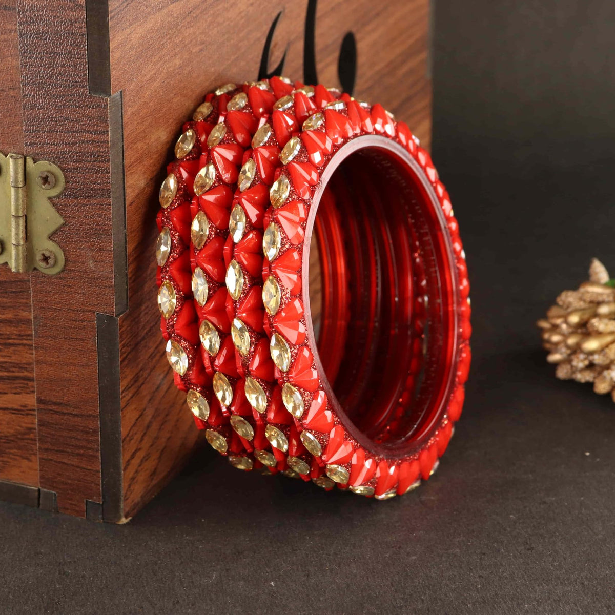 Red Sparkling stone detailing, and elegant golden Kada - Set Of 4