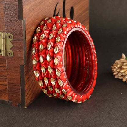 Red Sparkling stone detailing, and elegant golden Kada - Set Of 4