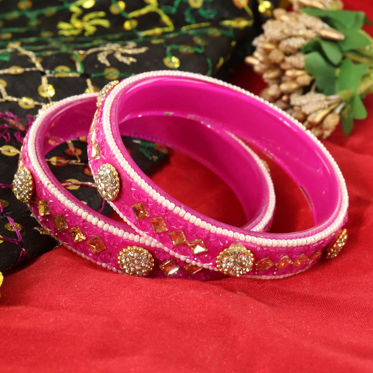 Magenta Floral Embossed Pattern with Square Stone Kada- Set of 2
