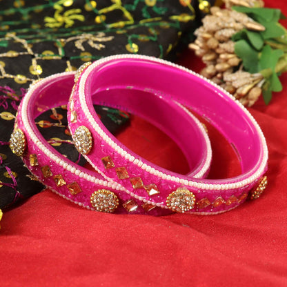Magenta Floral Embossed Pattern with Square Stone Kada- Set of 2