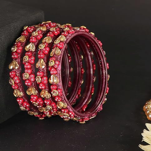 Glass Bangles Kada Set With Kundan & Zircon Stone Work - Pack of 4