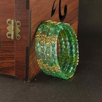 Mint Green Glass Kada with Gold Detailing, Zircon Stones & Heart Beads (Set of 4)