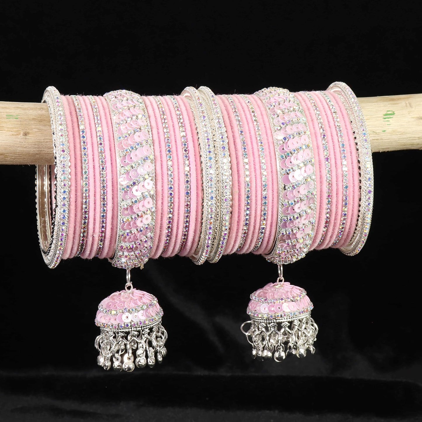 Blush Pink Velvet & Zircon Bridal Bangle Set with Latkan