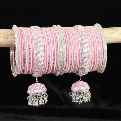 Blush Pink Velvet & Zircon Bridal Bangle Set with Latkan
