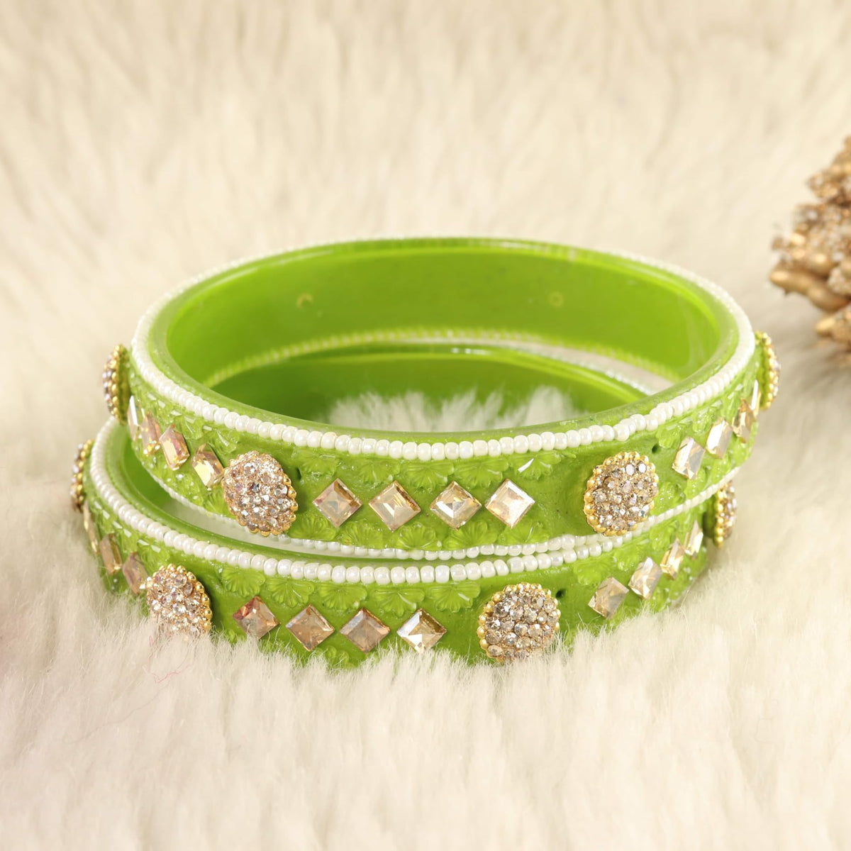 T.Green Floral Embossed Pattern with Square Stone Kada- Set of 2