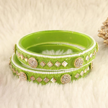 T.Green Floral Embossed Pattern with Square Stone Kada- Set of 2