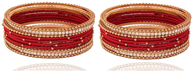 Traditional Maroon Silk Thread Bangle Set with Zircon Stones for Women & Girls