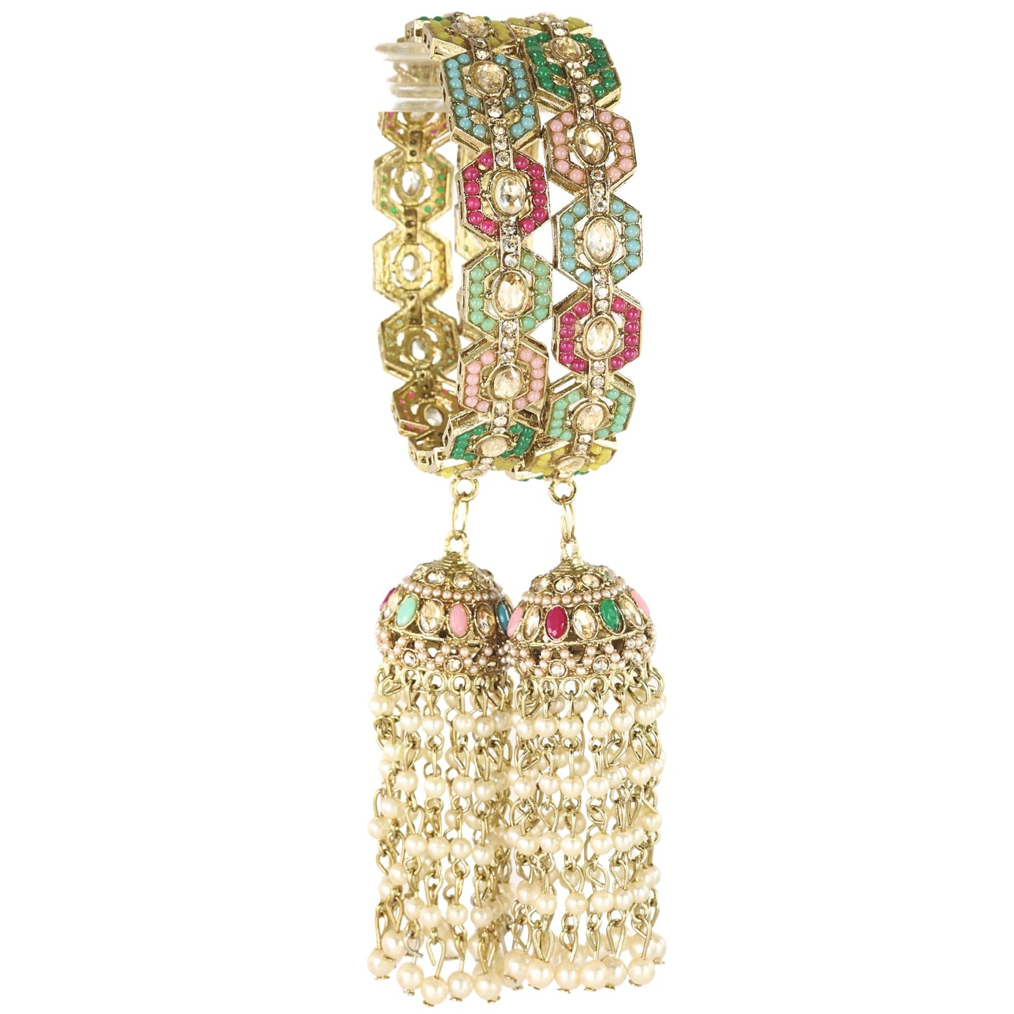 Rajwadi Metal Bangles with Latkan Jhumka Kalira | White Moti Pearl & Multi-Color Stone Work Kada for Women & Girls-Pack of 2