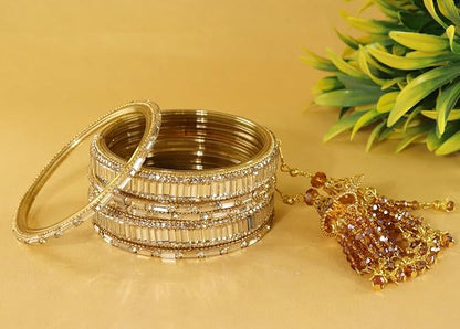 Glass Bangles Set With Crystal Stone-Latkan & Zircon Stone Work- Pack of 6