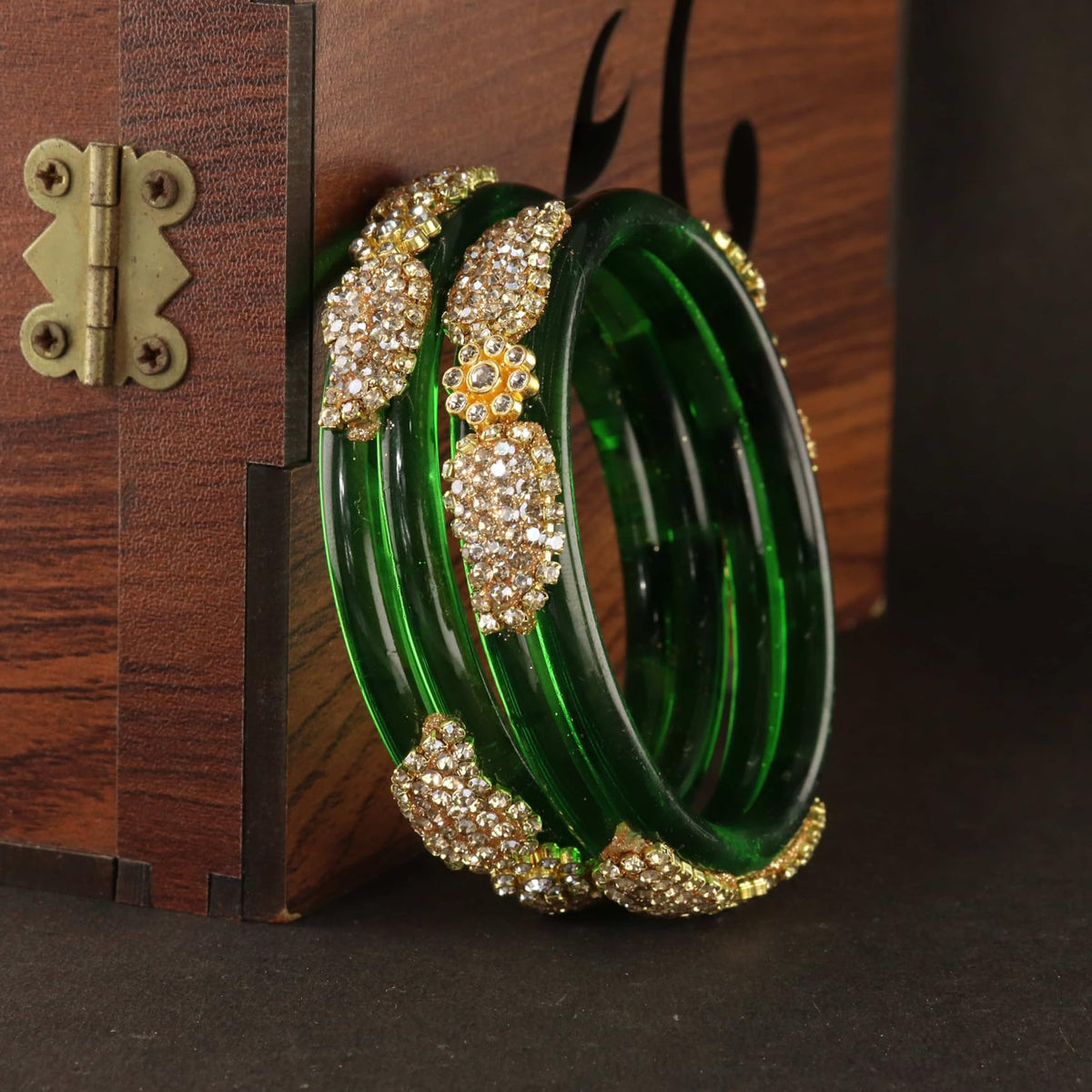 DarkGreen Glass Bangle with Gold-Tone Rhinestone Kada -Set Of 2