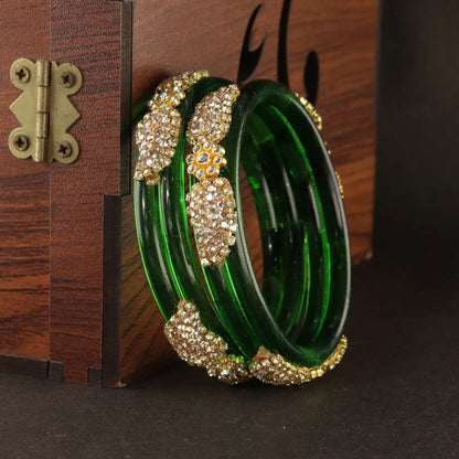 DarkGreen Glass Bangle with Gold-Tone Rhinestone Kada -Set Of 2