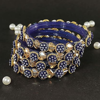 Blue Glass Bangles Kundan & Zircon Stone Bangle- Pack of 4